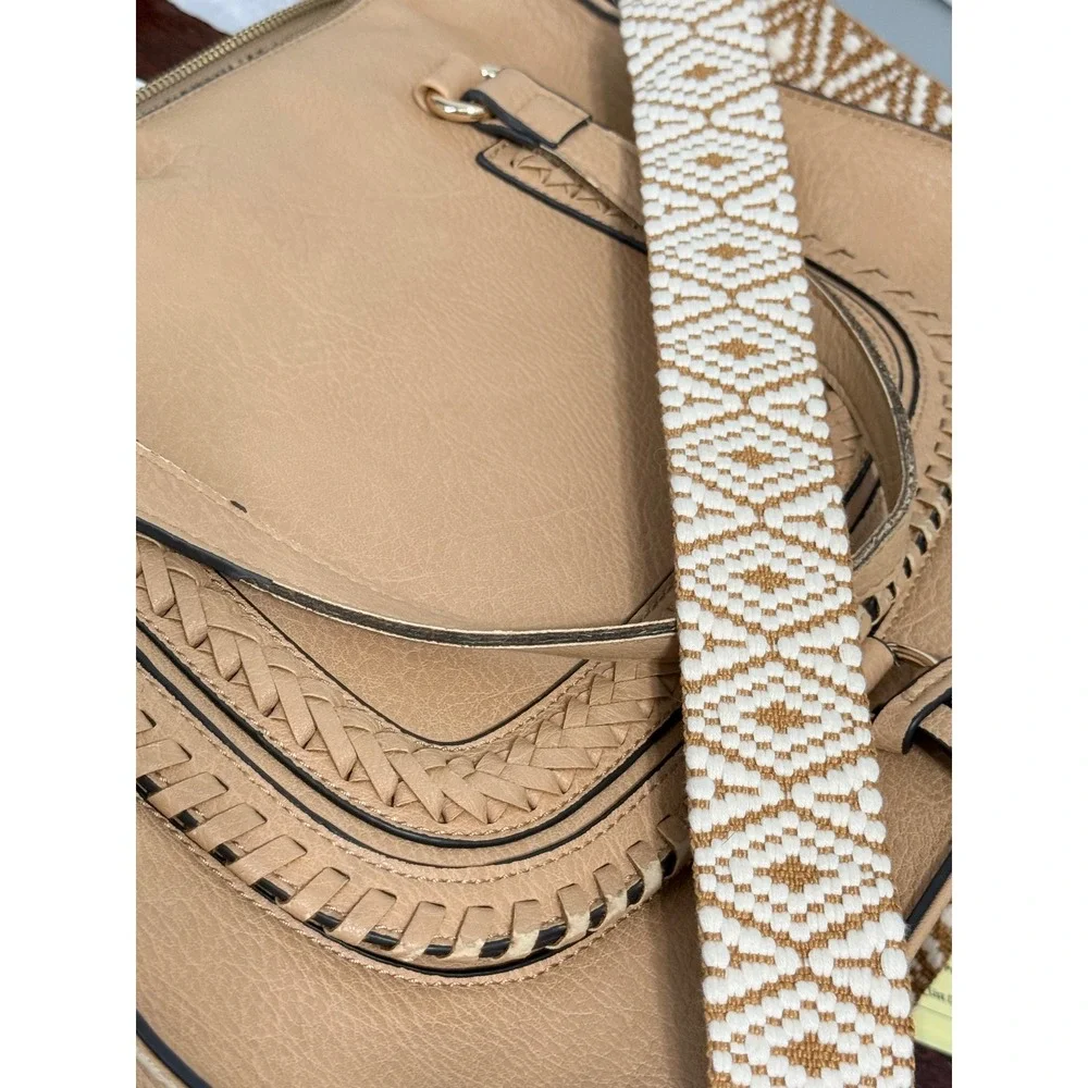 Sole Society Tan Vegan Leather Satchel Boho Whipstitch Woven Strap Crossbody Bag